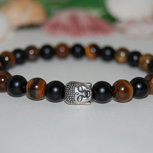 Buddha Bracelet,Tiger Eye Bracelet,Onyx and Tiger Beads,8mm - Picture 1 of 2